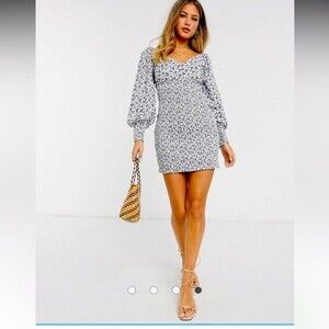 ASOS floral dress Size 12 Ditsy Sexy Boho Blue White Tight Summer Bodycon Cute